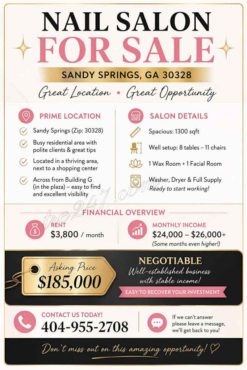 Sang Tiệm Nail – Sandy Springs, Ga 30328 – Cơ Hội Đầu Tư Tốt