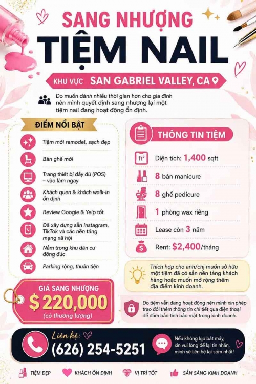 Bán/Sang Tiệm Nail California – 8 bàn, 8 ghế