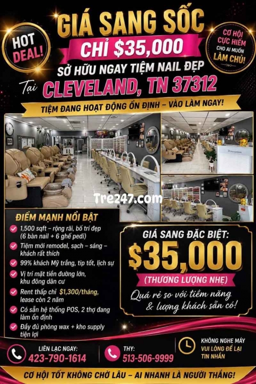 Bán/Sang Tiệm Nail Cleveland, Tennessee – 6 bàn, 6 ghế