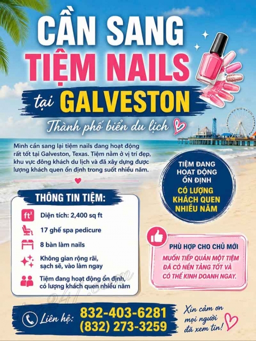 Bán/Sang Tiệm Nail Galveston, Texas – 8 bàn, 17 ghế