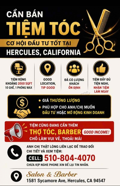 Bán/Sang Tiệm Tóc Hercules, California – 10 ghế