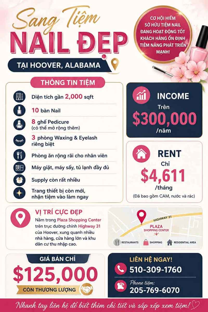 Bán/Sang Tiệm Nail Hoover, Alabama – 10 bàn, 8 ghế