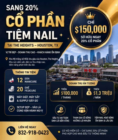 Bán/Sang Tiệm Nail Houston, Texas – 12 bàn, 20 ghế