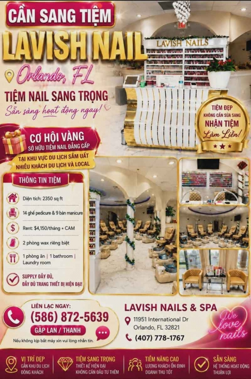 Bán/Sang Tiệm Nail Orlando, Florida – 9 bàn, 14 ghế