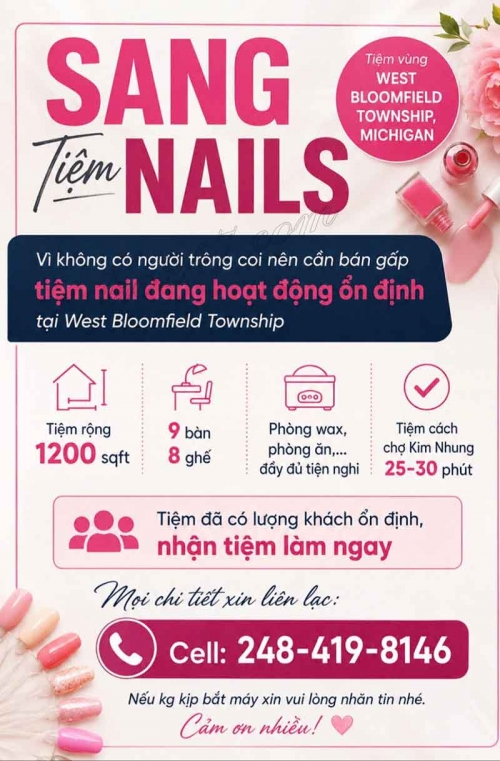 Bán/Sang Tiệm Nail West Bloomfield, Michigan – 9 bàn, 8 ghế
