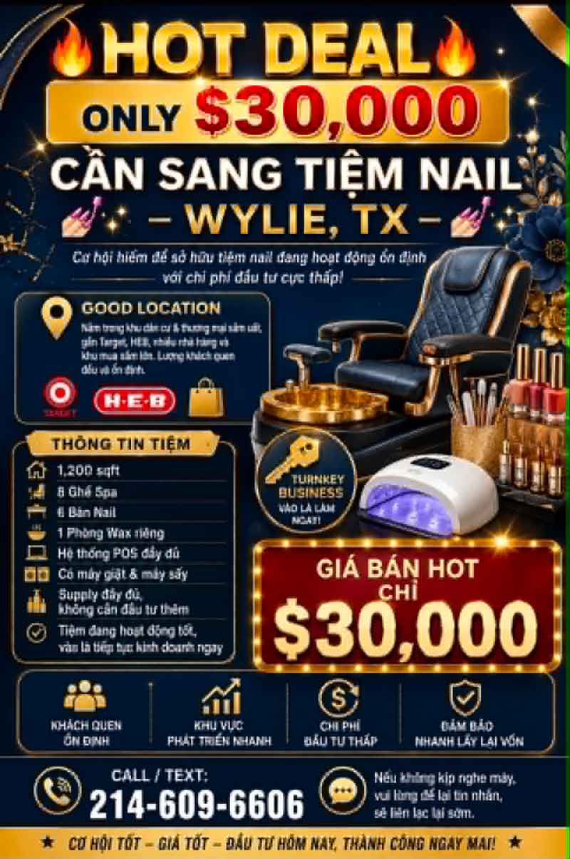 Bán/Sang Tiệm Nail Wylie , Texas – 6 bàn, 8 ghế