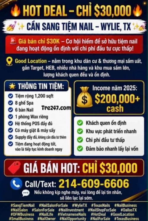 Bán/Sang Tiệm Nail Wylie , Texas – 6 bàn, 8 ghế