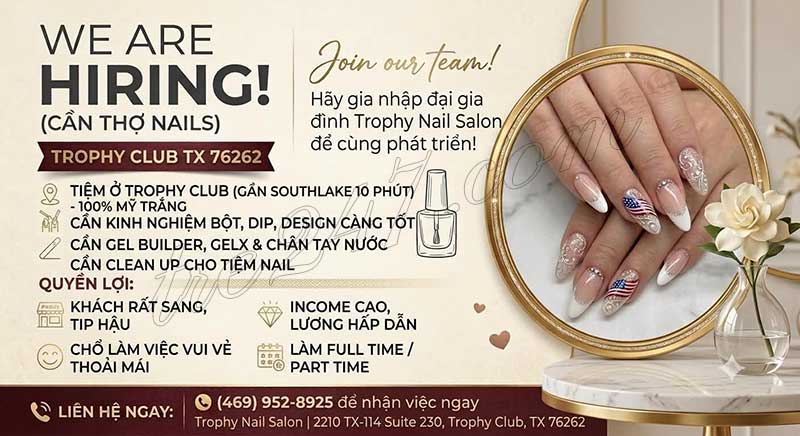 Cần Thợ Nails Đông Khách Tại Thành Phố Trophy Club TX
