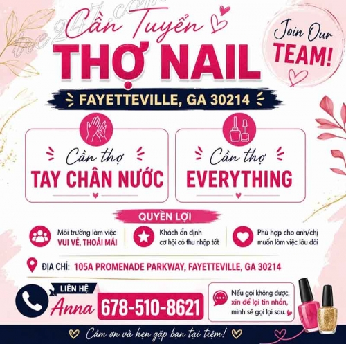 Cần Thợ Nails Làm Việc Tại Fayetteville, Georgia
