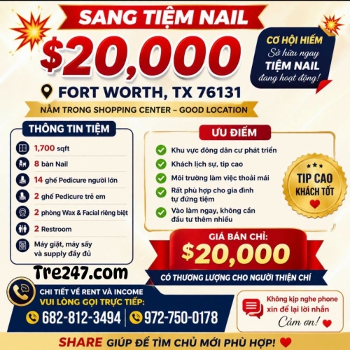 Tiệm Nail Tại Fort Worth, TX Chỉ Sang $20,000