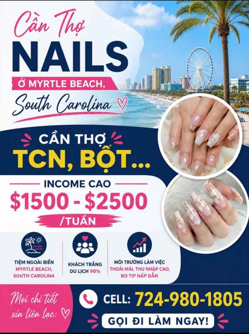 Cần Thợ Nails Làm Việc Tại Myrtle Beach, South Carolina – Lương 1500-$2500/tuần