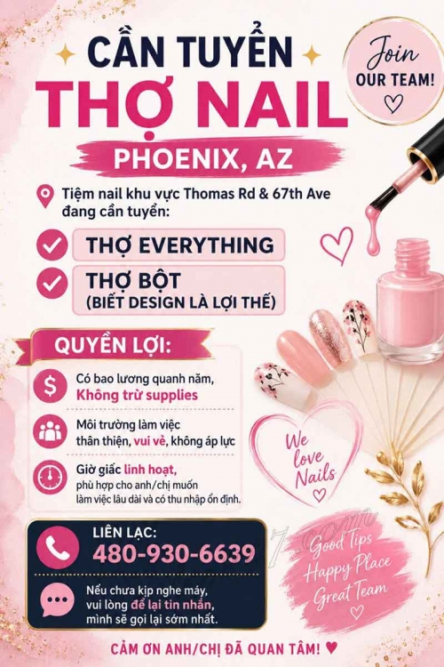 Cần Thợ Nails Làm Việc Tại Phoenix, Arizona