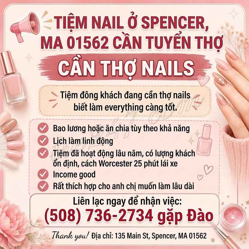 Cần Thợ Nails Làm Việc Tại Worcester, Massachusetts