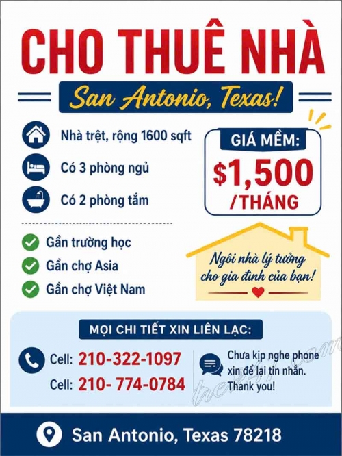 Cho Thuê Nhà - San Antonio, Texas! Tại San Antonio, Texas