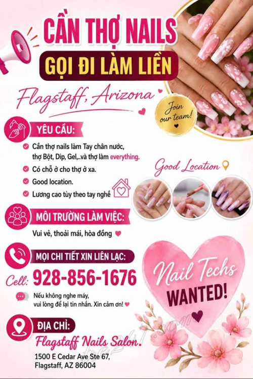 Cơ Hội Việc Làm Nail Tại Flagstaff, Arizona – Thợ bột, Tay chân nước, Dip