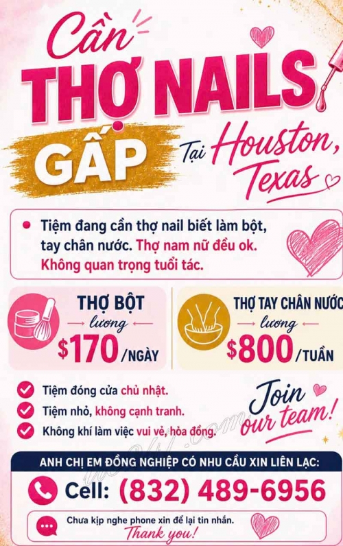 Cơ Hội Việc Làm Nail Tại Houston, Texas – Thợ bột, Tay chân nước