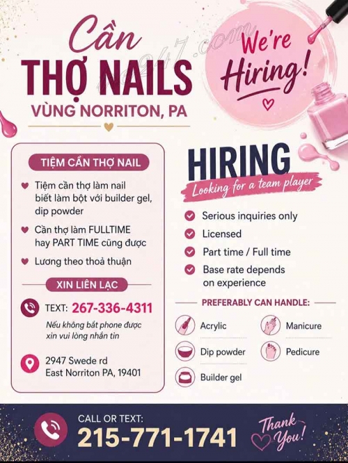 Cơ Hội Việc Làm Nail Tại Norristown, Pennsylvania – Thợ bột, Tay chân nước