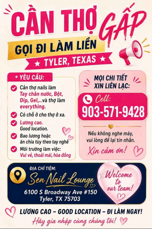 Cơ Hội Việc Làm Nail Tại Tyler, Texas – Tay chân nước, Dip, Gel