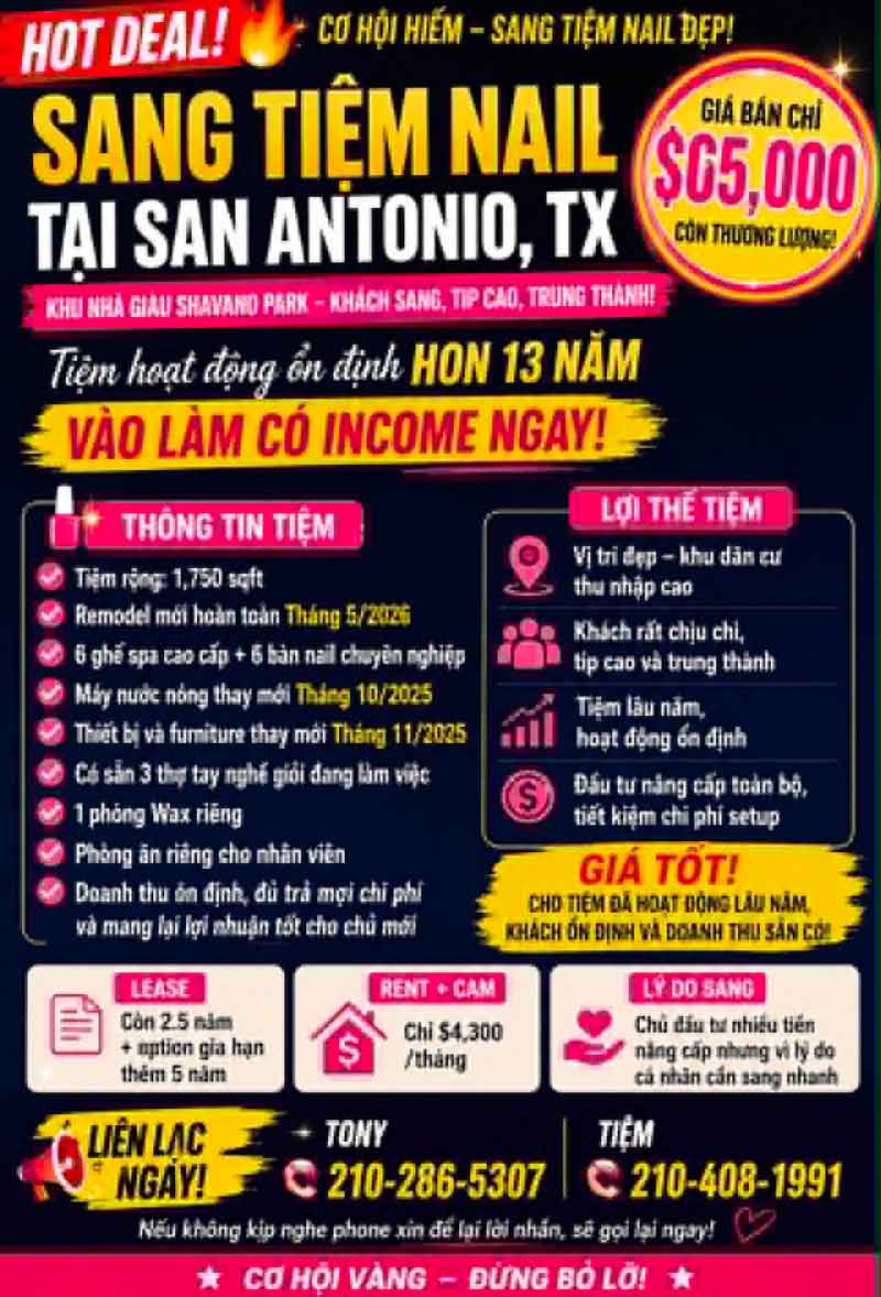 Hot Deal – Sang Gấp Tiệm Nail Đẹp Tại San Antonio, TX
