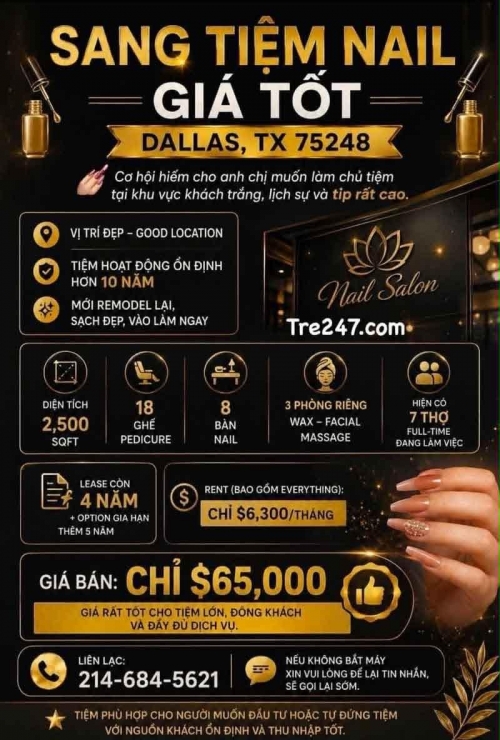 Sang Lại Tiệm Nail Khu Dallas, Texas