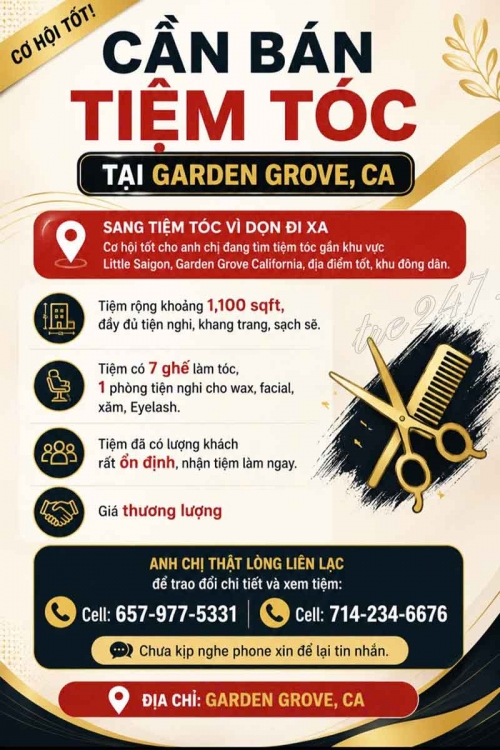 Sang Lại Tiệm Tóc Khu Garden Grove, California