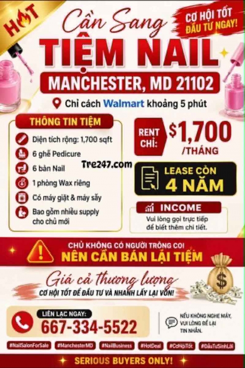 Sang Lại Tiệm Nail Khu Hot Nail Salon For Sale Manchester, Maryland