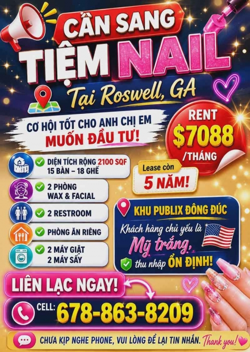 Sang Lại Tiệm Nail Khu Roswell, Georgia – Rent $7088/tháng
