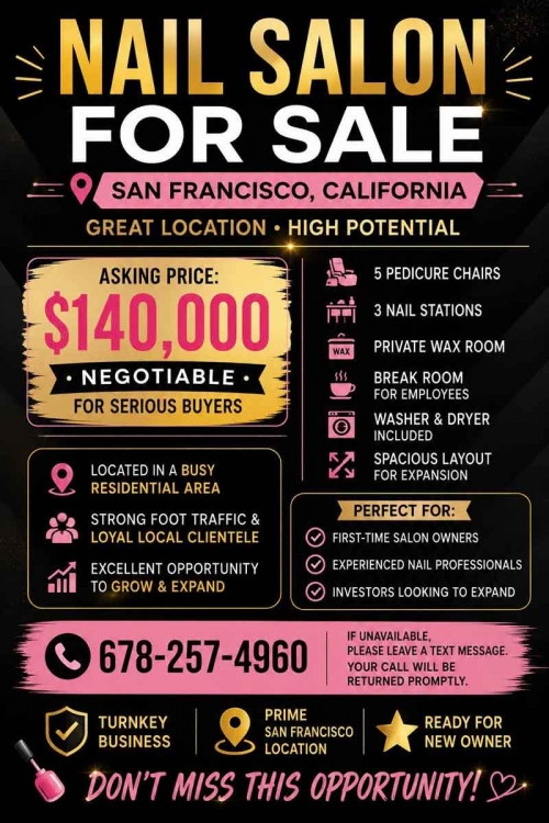 Sang Lại Tiệm Nail Khu San Francisco, California – Giá $140,000
