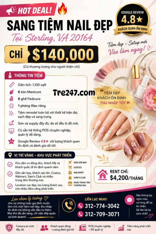 Sang Lại Tiệm Nail Khu Sterling, Virginia – Giá $140,000