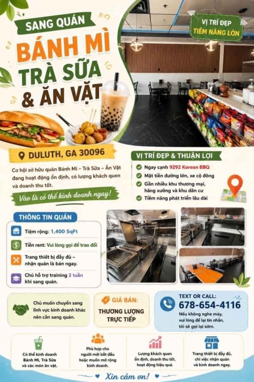 Sang Quán Bánh Mì Trà Sữa & Ăn Vặt Duluth, GA 30096 Tại Duluth, Georgia