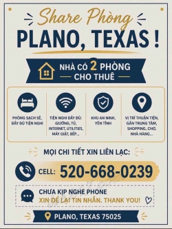 Share Phòng Tại Plano, Texas – Cho Share Phòng - Plano, Texas !