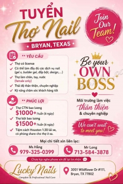 Tuyển Thợ Nail Khu Bryan, Texas – Thợ bột, Gel, Design
