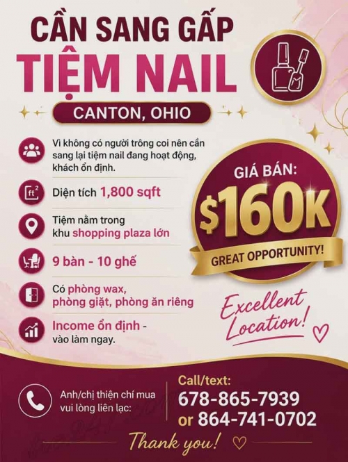 Tiệm Nail Cần Sang Ở Canton, Ohio – 9 bàn, 10 ghế