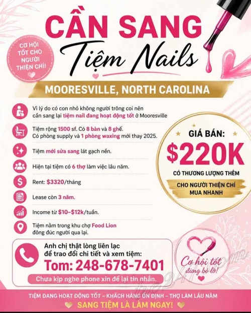 Tiệm Nail Cần Sang Ở Mooresville, North Carolina – 8 bàn, 8 ghế