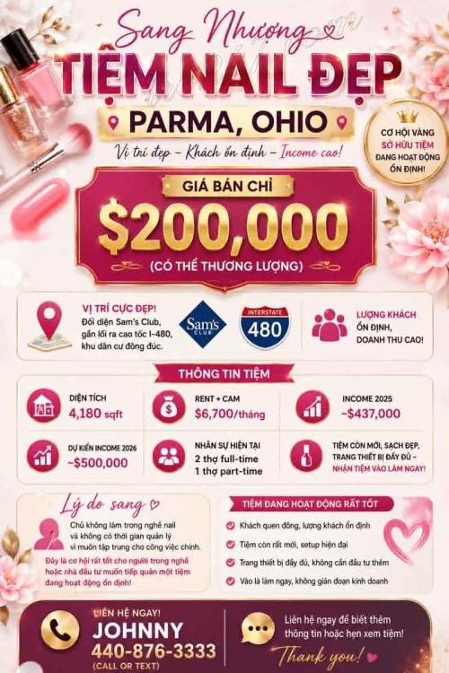 Tiệm Nail Sang Lại Parma, Ohio – Income 2025