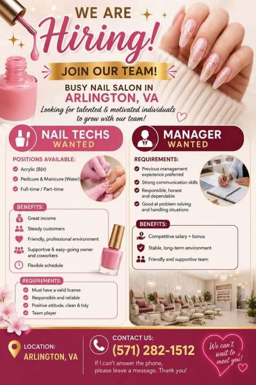 Tiệm Nail Tuyển Thợ Tại Arlington, Virginia
