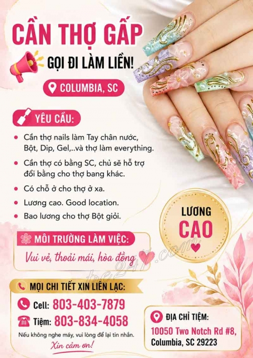 Tiệm Nail Tuyển Thợ Tại Columbia, South Carolina – Thợ bột, Tay chân nước