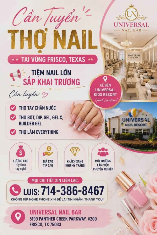 Tiệm Nail Tuyển Thợ Tại Frisco, Texas – Tay chân nước, Dip, Gel