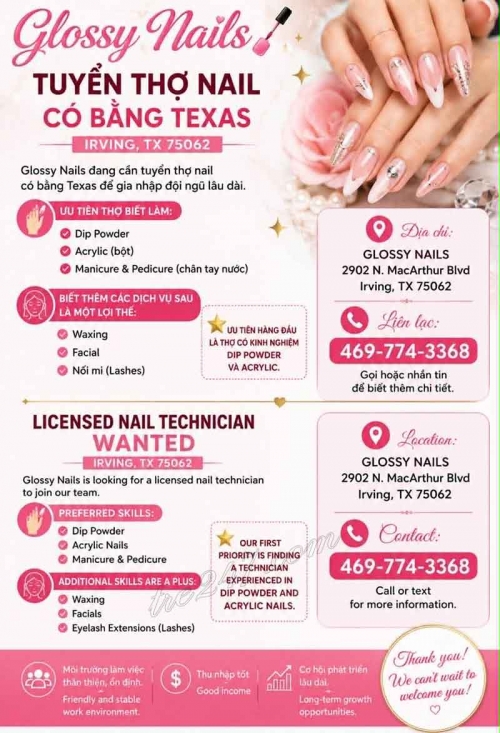 Tiệm Nail Tuyển Thợ Tại Irving, Texas – Thợ bột, Tay chân nước, Dip