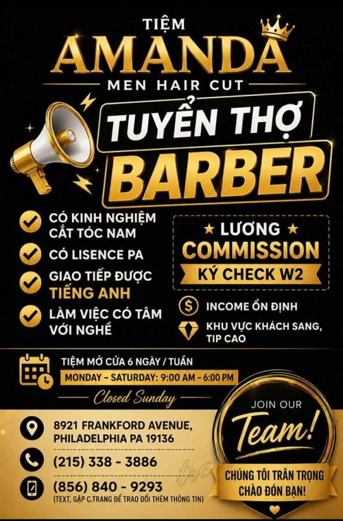 Tuyển Thợ Tại Philadelphia, Pennsylvania – Thợ Barber