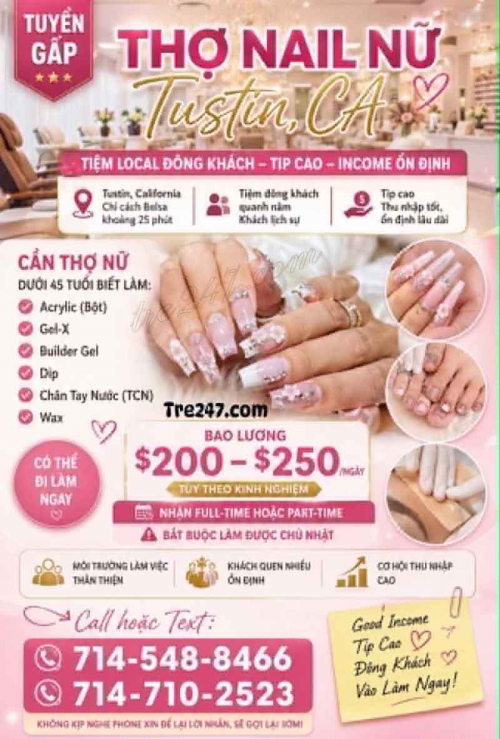 Tiệm Nail Tuyển Thợ Tại Tustin, California – Thợ bột, Dip, Gel