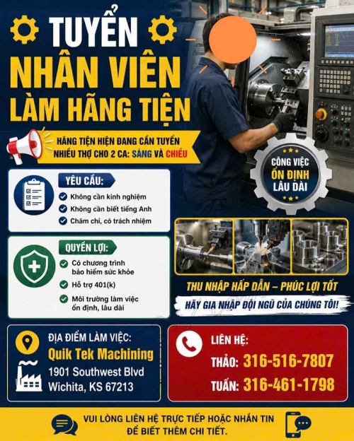 Tuyển Nhân Viên Làm Hãng Tiện - Wichita, Kansas Tại Wichita, Kansas