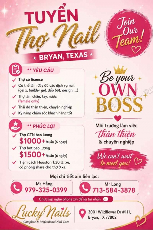 Tuyển Thợ Nail Khu Bryan, Texas – Thợ bột, Gel, Design