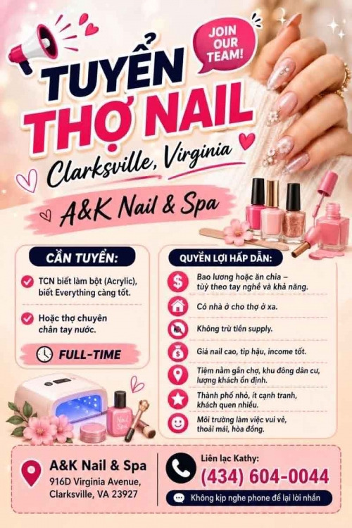 Tuyển Thợ Nail Khu Clarksville, Virginia – Thợ bột, Everything