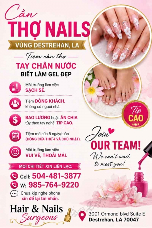 Tuyển Thợ Nail Khu Destrehan, Louisiana – Tay chân nước, Gel