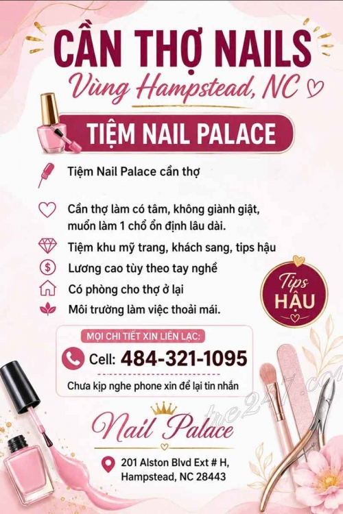 Tuyển Thợ Nail Khu Hampstead, North Carolina – Tay chân nước, Dip, Gel