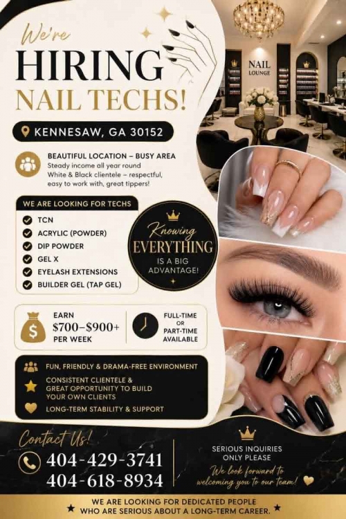Tuyển Thợ Nail Khu Kennesaw, Georgia – Thợ bột, Tay chân nước, Dip