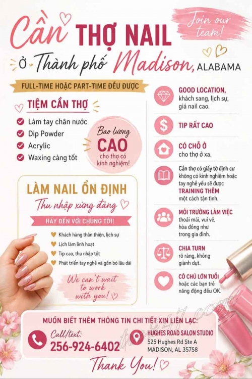 Tuyển Thợ Nail Khu Madison, Alabama – Thợ bột, Tay chân nước, Dip