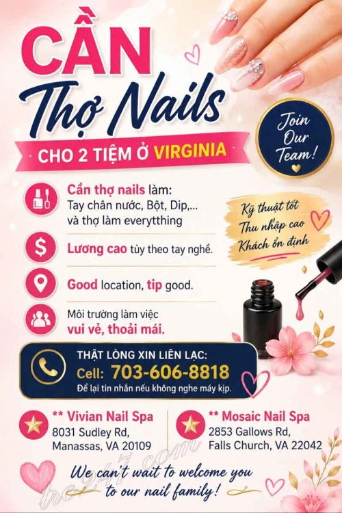 Tuyển Thợ Nail Khu Manassas, Virginia – Tay chân nước, Dip