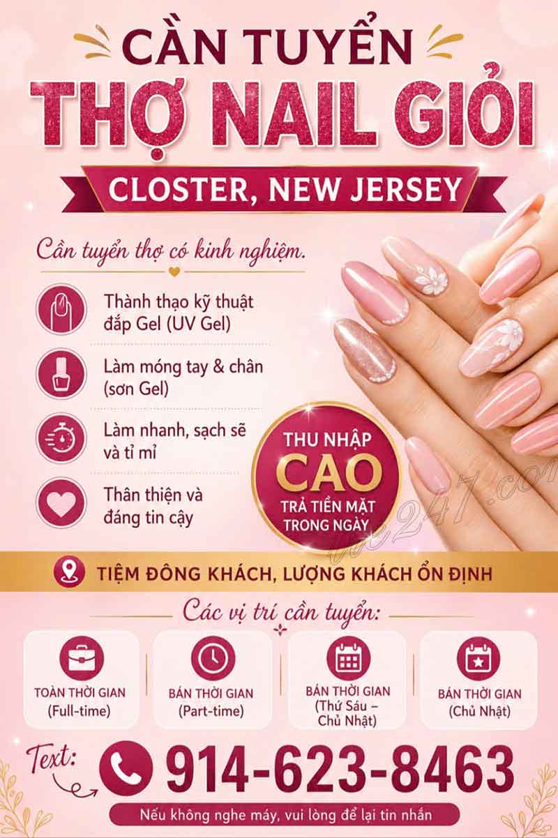 Tuyển Thợ Nail Khu UV, New Jersey – Tay chân nước, Gel, Design